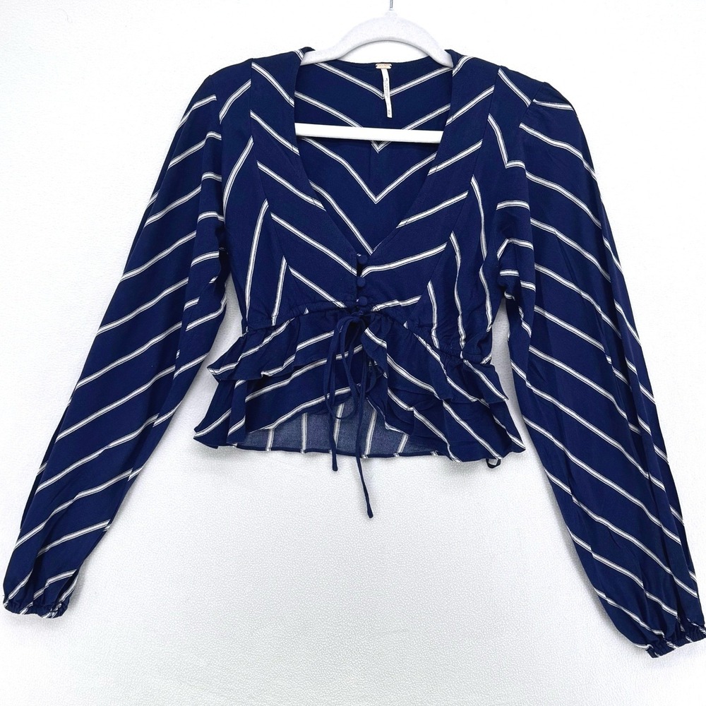Free People Striped Peplum Top Women XS Navy Blue Long Sleeve V-Neck Boho Crop